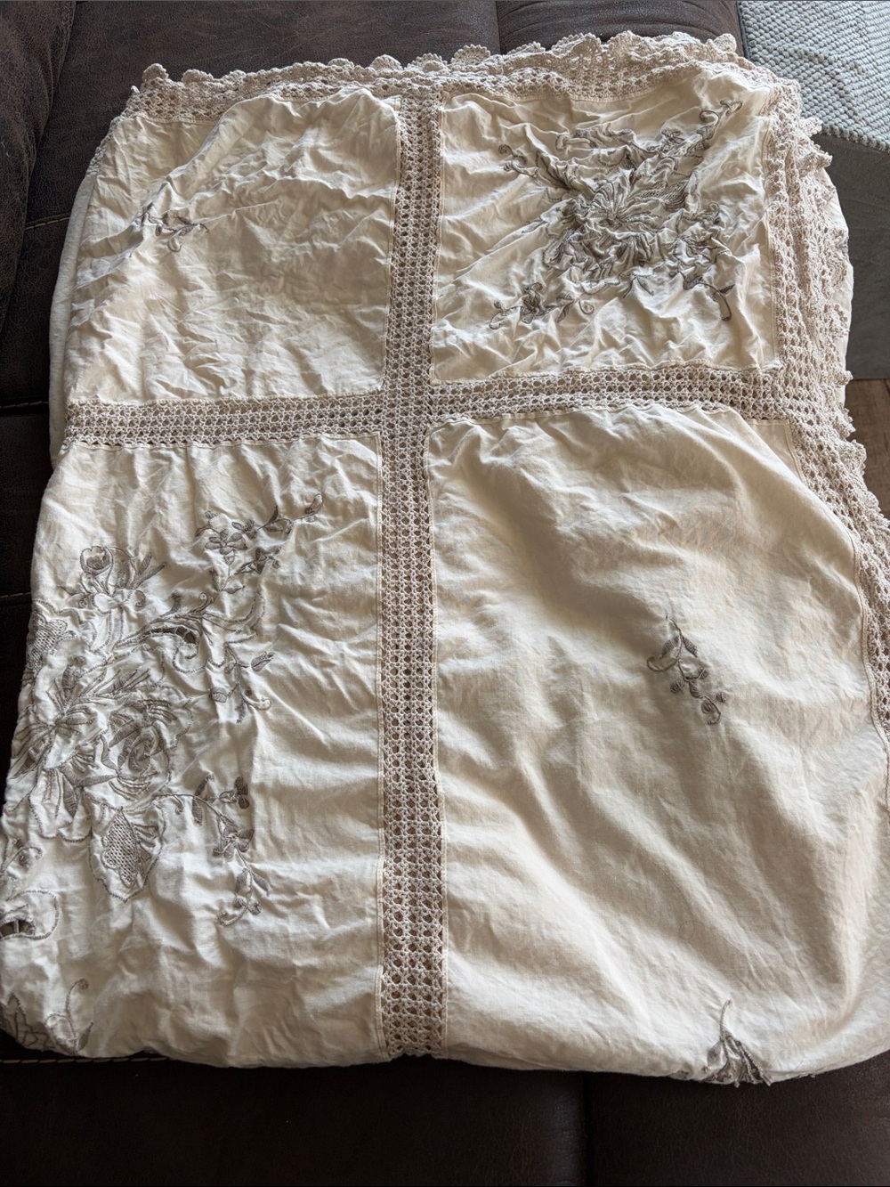 Cream/White Embroidered Cotton Vintage Tablecloth with Crochet Paneling